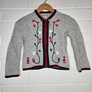 Vtg Isar Trachten German Embroidered Wool Blend Cardigan Sweater Kids 128 7/8 US